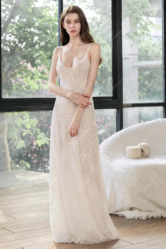 Romantic Floral Dress Scoop Neck Boho Lace Open Back Beach Bridal Slip Dress