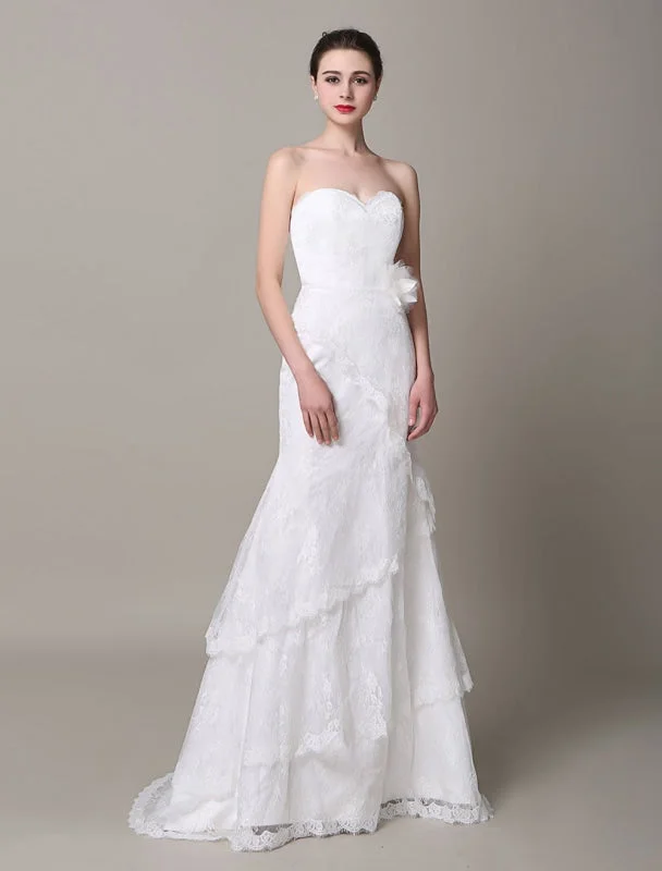 Whimsical Evening Gown Ivory Wedding Dress Strapless Tiered Flowers Lace Wedding Gown Whimsical Evening Gown Ivory Wedding Dress Strapless Tiered Flowers Lace Wedding Gown
