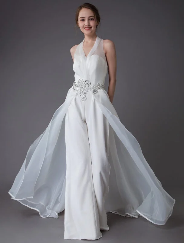 Satin Slip Dress Ivory Wedding Jumpsuits Halter V Neck Rhinestones Backless Culottes Bridal Dress Exclusive Satin Slip Dress Ivory Wedding Jumpsuits Halter V Neck Rhinestones Backless Culottes Bridal Dress Exclusive
