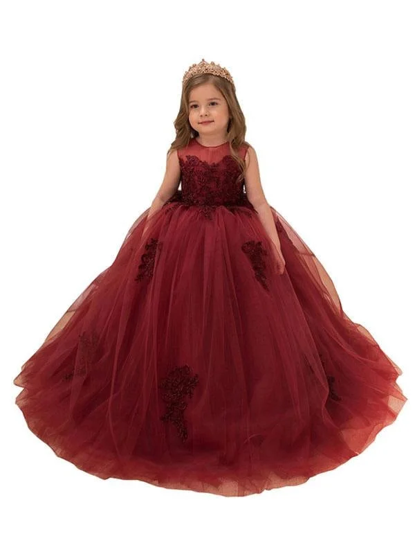 Velvet Dress Jewel Neck Lace Sleeveless Flower Girl Dresses Ankle Length Ball Gown Applique Kids Pageant Dresses