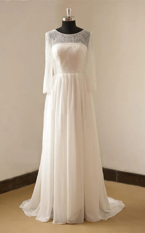 Fitted Formal Dress Jewel Neck Long Sleeve A-Line Chiffon Wedding Dress With Open Back-ET_711123 Fitted Formal Dress Jewel Neck Long Sleeve A-Line Chiffon Wedding Dress With Open Back-ET_711123