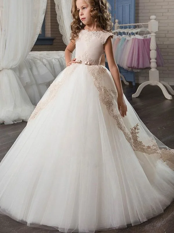 Winter Ball Gown Jewel Neck Satin Sleeveless With Train Princess Lace Kids Party Dresses