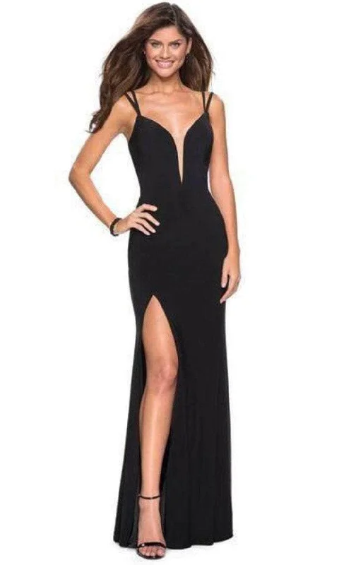 Metallic Formal Dress La Femme - 27072 Plunging Strappy Back High Slit Gown