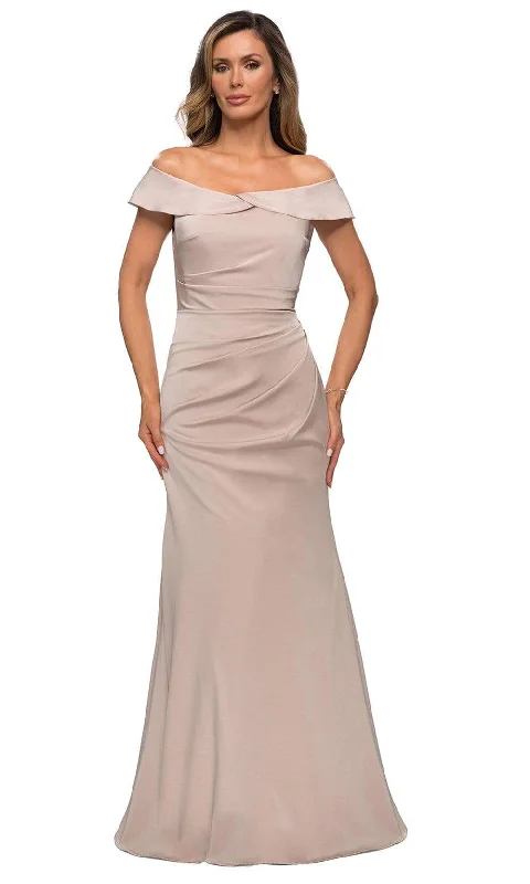 Striking Red Gown La Femme - 28110 Off Shoulder Ruche-Ornate Trumpet Dress