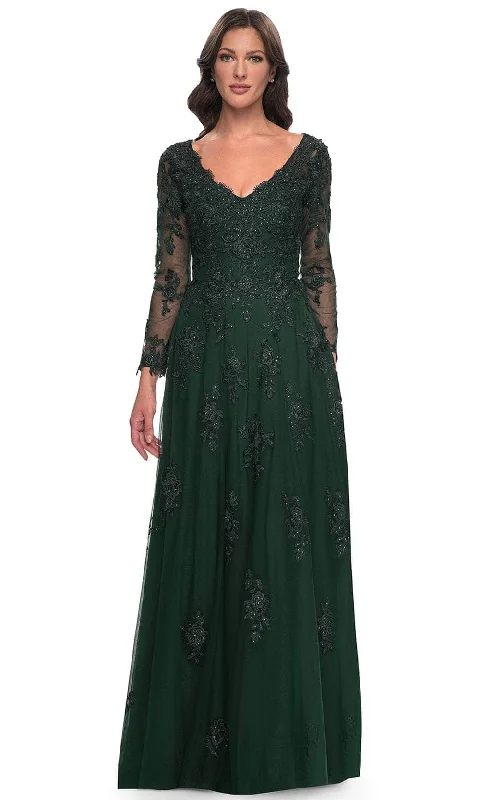 Deep V-Neck Dress La Femme 30795 - Long Sleeve Tulle Evening Dress