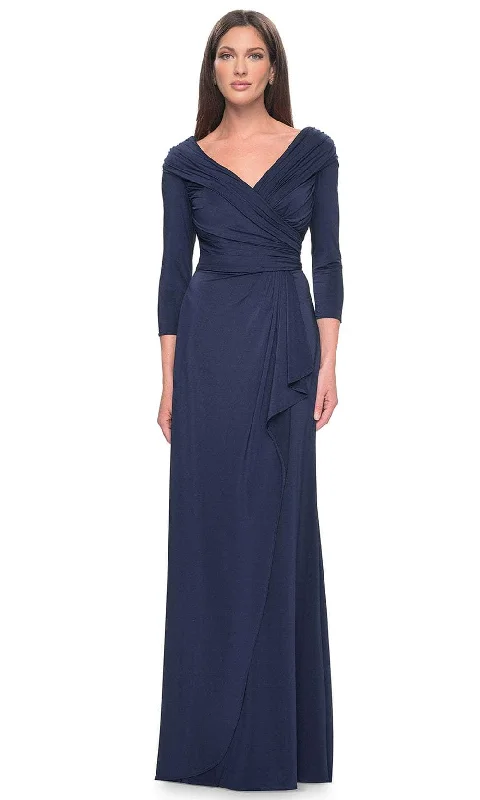 Luxe Satin Dress La Femme 30845 - Ruched Long Sleeve Evening Dress