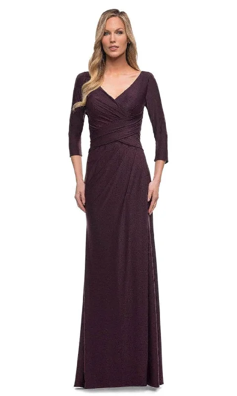 Satin Slip Dress La Femme - Ruche-Ornate V-Neck Evening Dress 29223SC