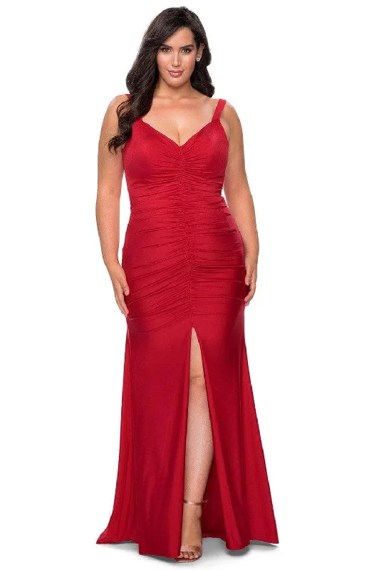 Draped Gown La Femme - Ruched Jersey Trumpet Dress with Slit 29027SC