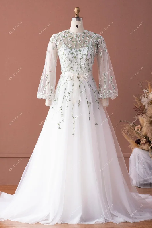 Fringe Gown Flower Lace Bubble Sleeve Blouse Ball Gown Wedding Dress