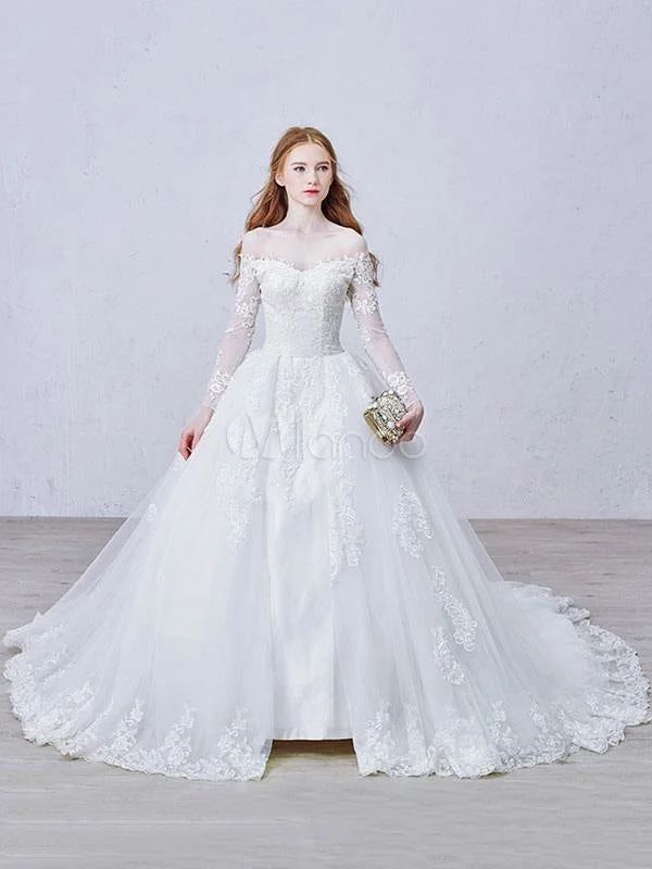 Knee-Length Dress Lace Wedding Dress Princess Bridal Dress White Off The Shoulder Applique Illusion Heart Back Design Luxury Bridal Gown With Cathedral Train Knee-Length Dress Lace Wedding Dress Princess Bridal Dress White Off The Shoulder Applique Illusion Heart Back Design Luxury Bridal Gown With Cathedral Train