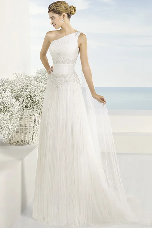 Fancy Embellished Dress Long One-Shoulder Appliqued Tulle Wedding Dress With Pleats-MK_700715 Fancy Embellished Dress Long One-Shoulder Appliqued Tulle Wedding Dress With Pleats-MK_700715