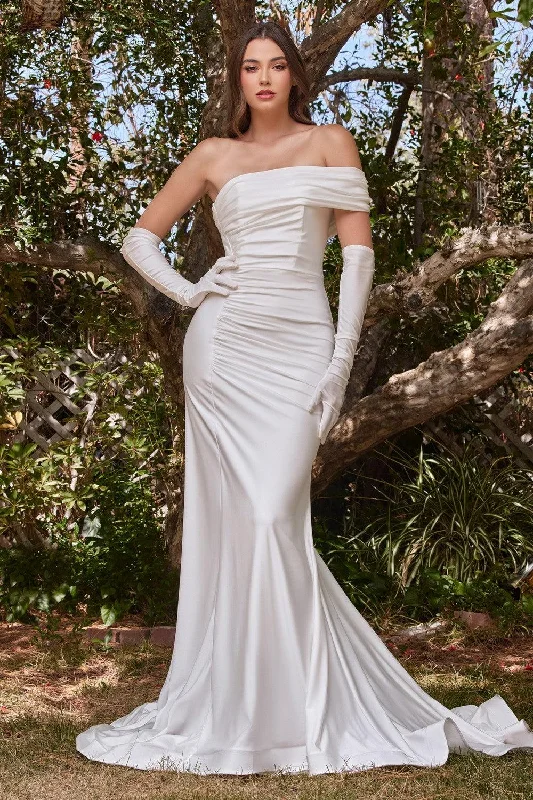 Pleated Gown Cinderella Divine CD986W Gloves Fitted Wedding Dress