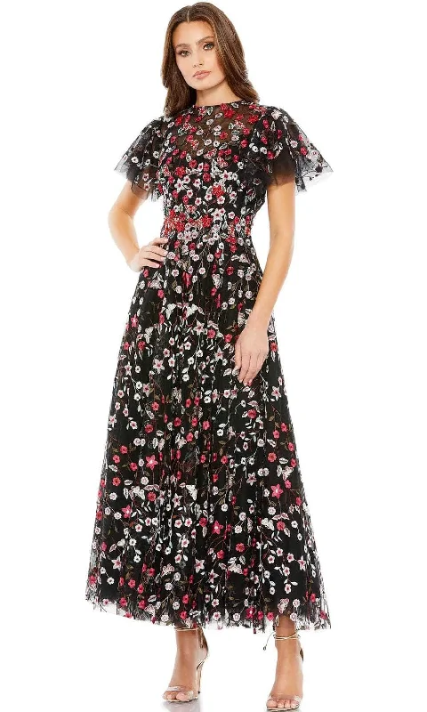 Draped Formal Dress Mac Duggal 20323 - Floral Embroidered Tulle Midi Dress