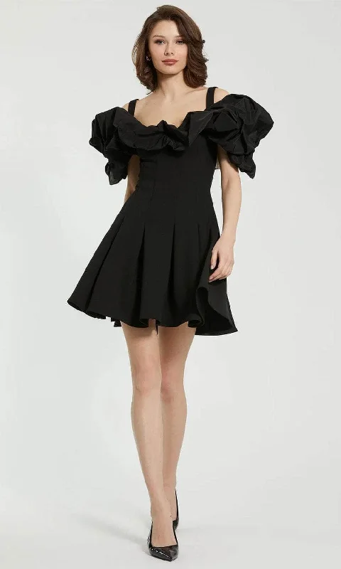 Delicate Lace Dress Mac Duggal 21025 - Ruffled Neckline Godet Hem Cocktail Dress