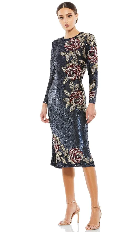 Asymmetrical Gown Mac Duggal 93624 - Floral Beadwork Long Sleeved Midi Dress
