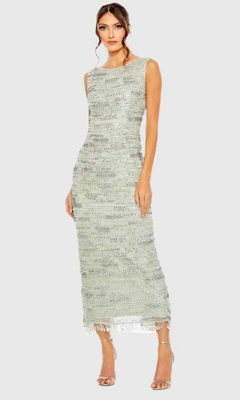 Metallic Formal Dress Mac Duggal 93834 - Sleeveless Bead Embellished Tea-Length Dress