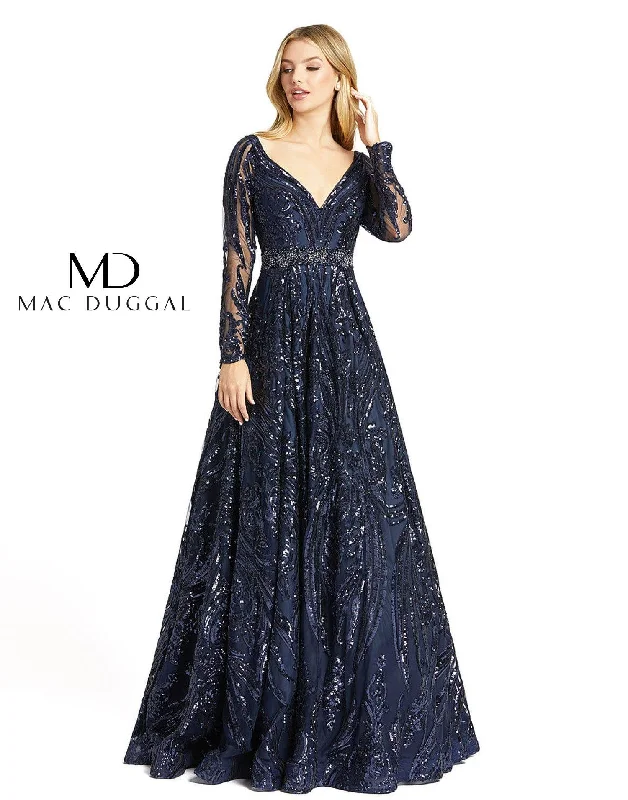 Classic Gown Mac Duggal Long Sleeve Embellished V Neck Ball Gown