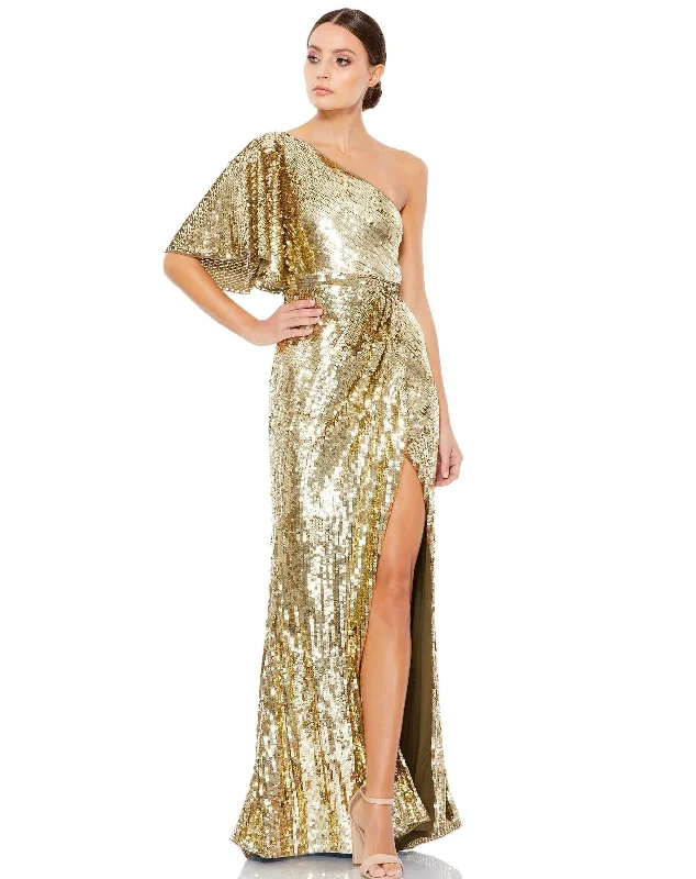 Charcoal Gray Gown Mac Duggal 93540 Long One Shoulder Bell Sleeve Gown