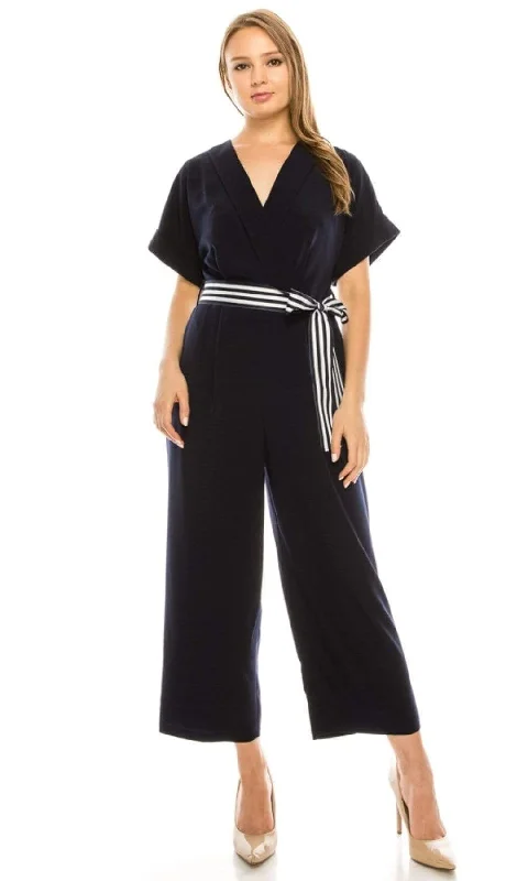 Fashionable Formal Dress Maggy London - G4082M Short Sleeve Stripe Belted Capri Jumpsuit