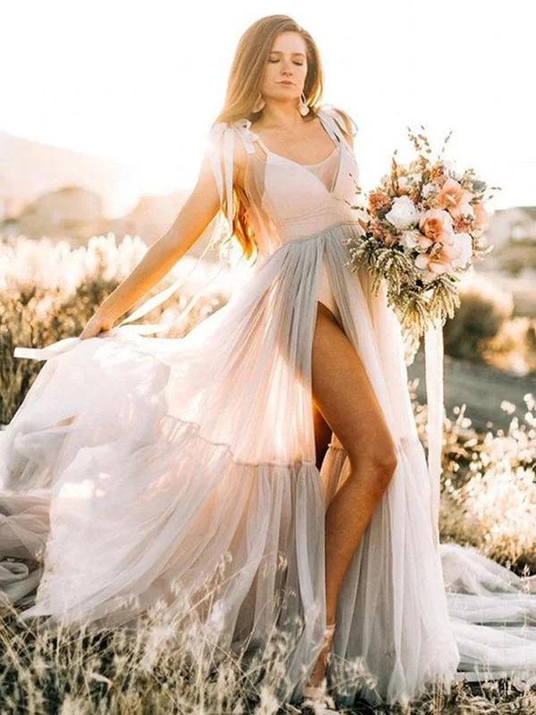 Formal Red Dress Maternity Wedding Dress Light Grey V-Neck Sleeveless Tulle Long Bridge Gowns With Train Formal Red Dress Maternity Wedding Dress Light Grey V-Neck Sleeveless Tulle Long Bridge Gowns With Train