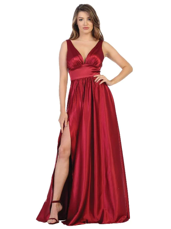 Applique Gown May Queen - MQ1723 Plunging V-Neck Empire High Slit Dress