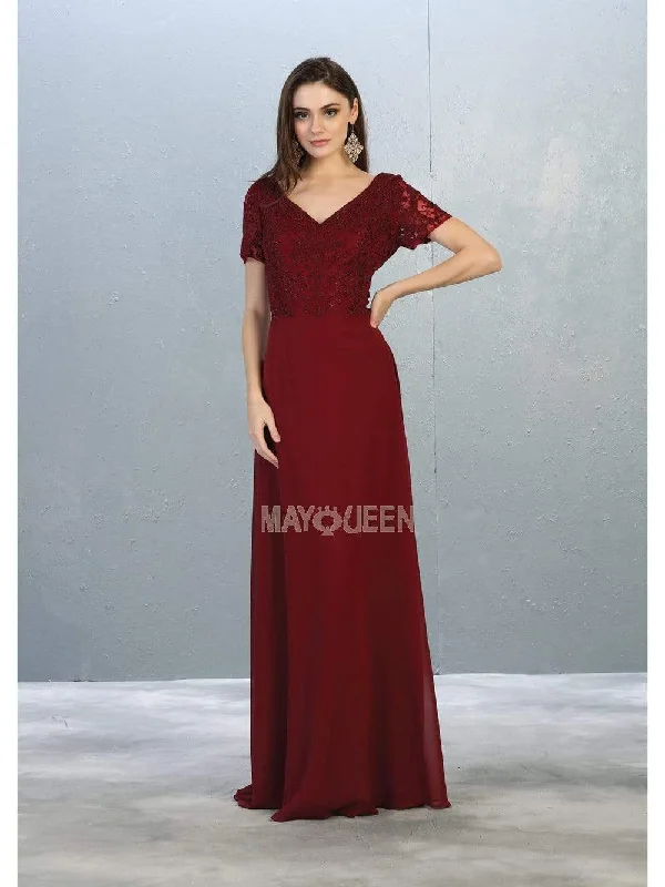 Lace Dress May Queen - MQ1782 Short Sleeve Appliqued V-Neck Long Dress