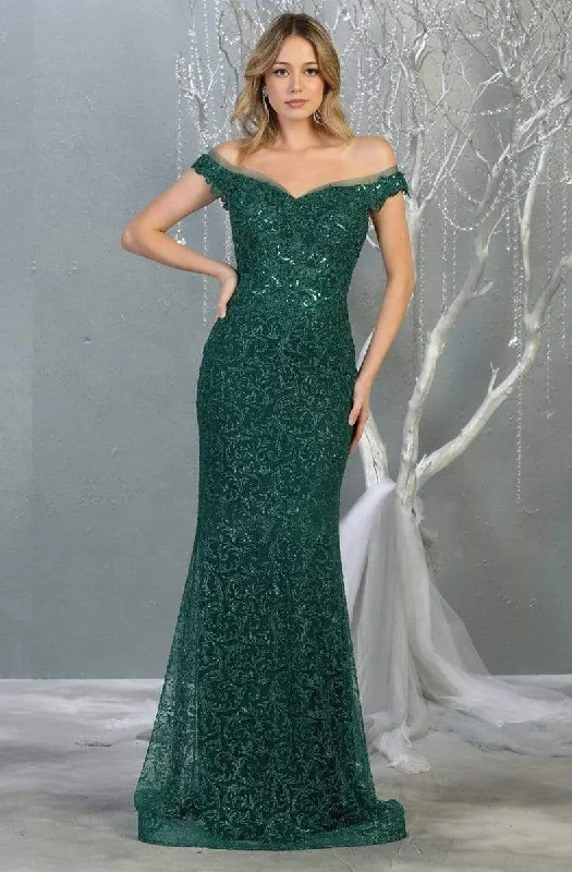 Chic Formal Gown May Queen - RQ7879 Embellished Off-Shoulder Simple Prom Dress With Train