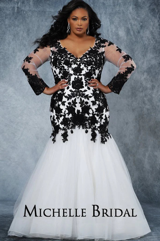 One-Shoulder Gown Michelle Bridal For Sydney's Closet MB2026 Fit And Flare Silhouette Deep V-Neckline Scalloped Lace Illusion Sleeves Fitted Tulle Skirt Plus Size "Mimi" Bridal Gown One-Shoulder Gown Michelle Bridal For Sydney's Closet MB2026 Fit And Flare Silhouette Deep V-Neckline Scalloped Lace Illusion Sleeves Fitted Tulle Skirt Plus Size "Mimi" Bridal Gown
