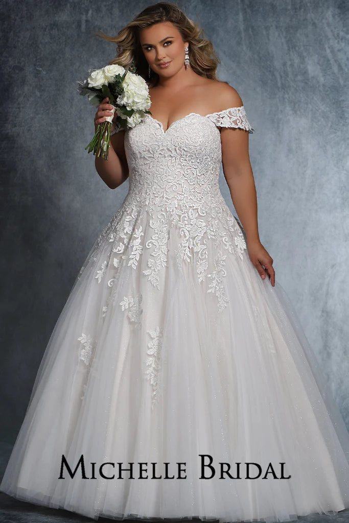 Formal Attire Michelle Bridal For Sydney's Closet MB2102 Ballgown Silhouette Soft Bridal Tulle Over Embossed Tulle With Floral Pattern Beading Embroidered Lace Appliques Clear Sequins Sweetheart Neckline Off-The-Shoulder Lace Straps Plus Size "Faith" Bridal Dress
