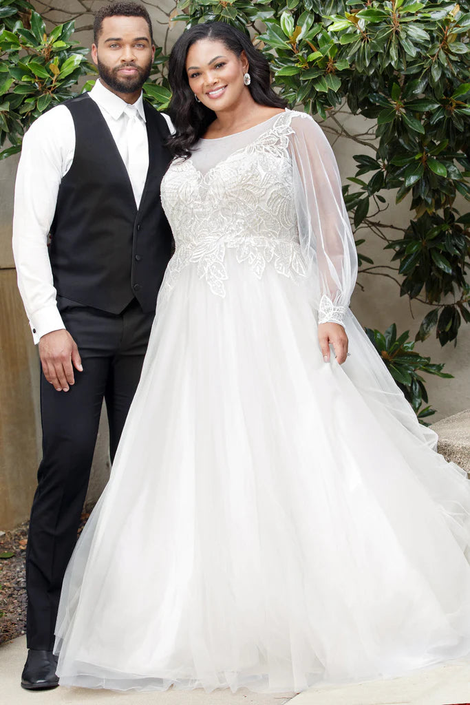 Luxury Dress Michelle Bridal For Sydney's Closet MB2302 A-Line Silhouette Modern Leaf Appliques Clear Sequins Bugle Beads Long Sleeve Pouf Sleeves Plus Size "Seraphina" Bridal Dress Luxury Dress Michelle Bridal For Sydney's Closet MB2302 A-Line Silhouette Modern Leaf Appliques Clear Sequins Bugle Beads Long Sleeve Pouf Sleeves Plus Size "Seraphina" Bridal Dress