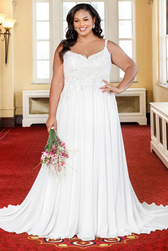 Dreamy Wedding Gown Michelle Bridal For Sydney's Closet MB2303 A-Line Modified Empire Waistline Chiffon Floral Lace With Sequins V-Neck Backless Plus Size "Radhika" Bridal Dress Dreamy Wedding Gown Michelle Bridal For Sydney's Closet MB2303 A-Line Modified Empire Waistline Chiffon Floral Lace With Sequins V-Neck Backless Plus Size "Radhika" Bridal Dress