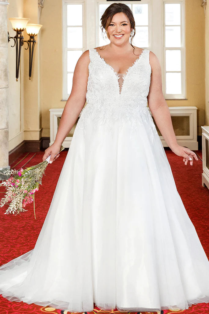 Sequin Gown Michelle Bridal For Sydney's Closet MB2305 A-Line Floral Appliques Clear Sequins Bugle Beads Seed Pearls V-Neck Sleeveless Plus Size "Demi" Bridal Gown Sequin Gown Michelle Bridal For Sydney's Closet MB2305 A-Line Floral Appliques Clear Sequins Bugle Beads Seed Pearls V-Neck Sleeveless Plus Size "Demi" Bridal Gown