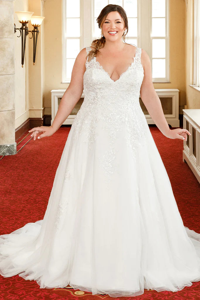 A-Line Gown Michelle Bridal For Sydney's Closet MB2307 A-Line Soft Bridal Tulle Floral Appliques Clear Sequins V-Neck Sleeveless Plus Size "Hermione" Bridal Gown A-Line Gown Michelle Bridal For Sydney's Closet MB2307 A-Line Soft Bridal Tulle Floral Appliques Clear Sequins V-Neck Sleeveless Plus Size "Hermione" Bridal Gown