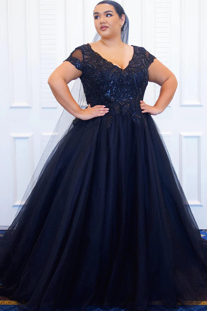 Prom Dress Michelle Bridal For Sydney's Closet MB2309 A-Line Soft Bridal Tulle Modern Leaf Appliques Clear Sequins Bugle Beads V-Neck Cape Sleeve Plus Size "Layla" Bridal Gown