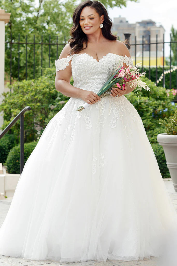 Evening Gown Michelle Bridal For Sydney's Closet MB2310 Soft Bridal Tulle Over Embossed Tulle Floral Pattern Embroidered Lace Appliques Clear Sequins Off The Shoulder Lace Straps Plus Size "Denali" Bridal Gown Evening Gown Michelle Bridal For Sydney's Closet MB2310 Soft Bridal Tulle Over Embossed Tulle Floral Pattern Embroidered Lace Appliques Clear Sequins Off The Shoulder Lace Straps Plus Size "Denali" Bridal Gown