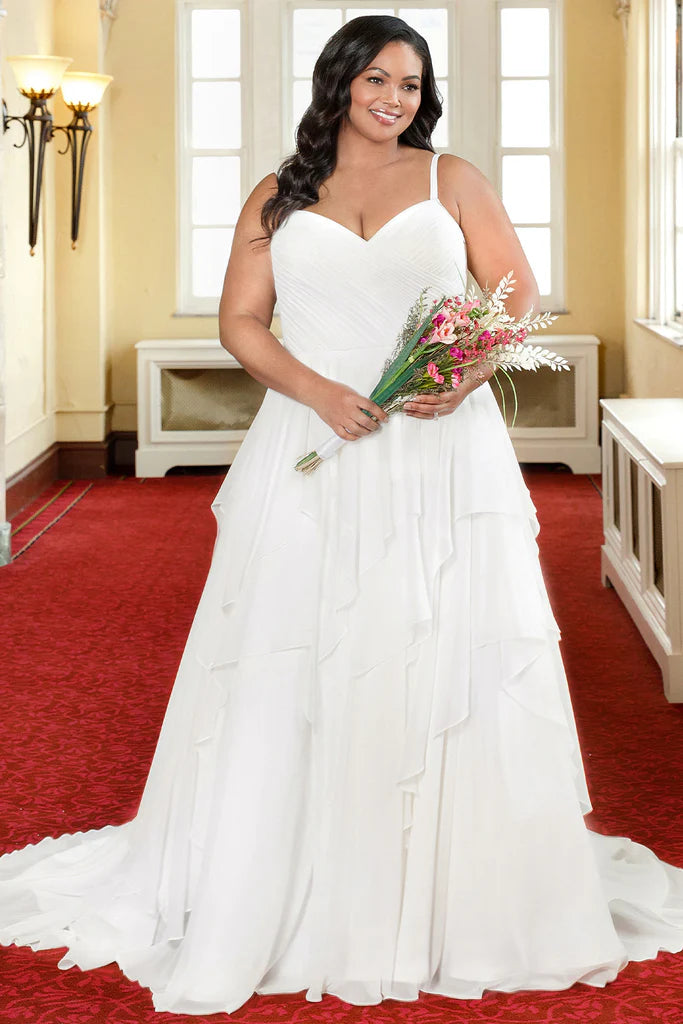 Glam Ball Gown Michelle Bridal For Sydney's Closet MB2312 A-Line Chiffon Modified V-Neck Pleated Bodice Tiered Skirt Plus Size "Lucinda" Bridal Gown Glam Ball Gown Michelle Bridal For Sydney's Closet MB2312 A-Line Chiffon Modified V-Neck Pleated Bodice Tiered Skirt Plus Size "Lucinda" Bridal Gown