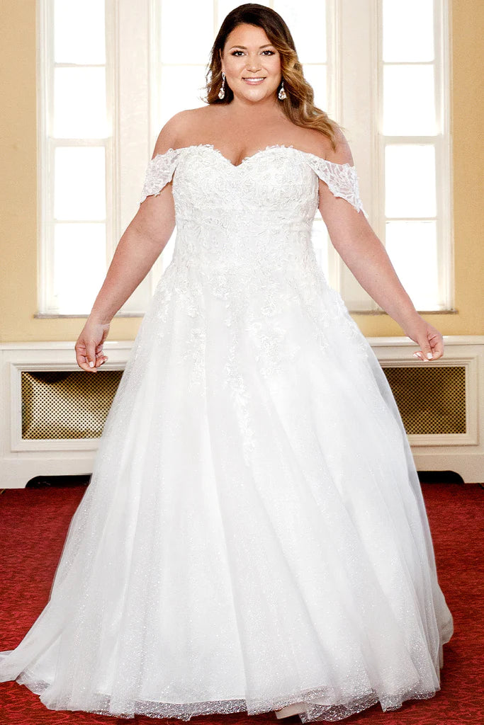 Structured Evening Gown Michelle Bridal For Sydney's Closet MB2313 A-Line Floral Lace Clear Sequins Clear Bugle Beads Lace Appliques On Soft Bridal Tulle Textured Glitter Net Satin Sweetheart Neckline Detachable Drape Sleeves Plus Size "Guinevere" Bridal Gown Structured Evening Gown Michelle Bridal For Sydney's Closet MB2313 A-Line Floral Lace Clear Sequins Clear Bugle Beads Lace Appliques On Soft Bridal Tulle Textured Glitter Net Satin Sweetheart Neckline Detachable Drape Sleeves Plus Size "Guinevere" Bridal Gown