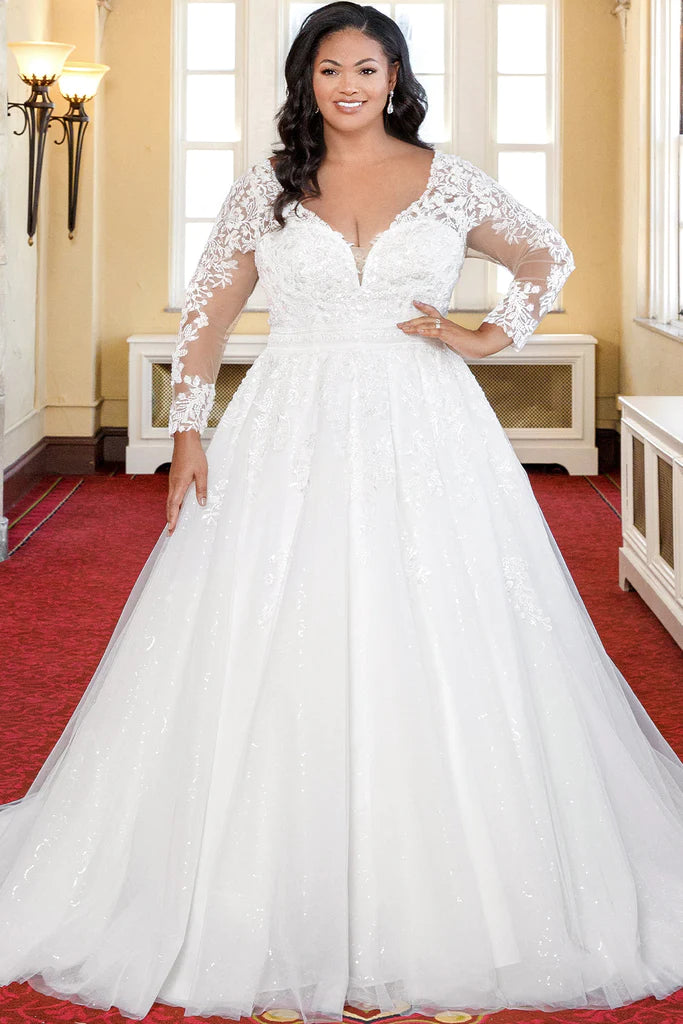 Vivid Color Gown Michelle Bridal For Sydney's Closet MB2316 A-Line Embroidered Floral Appliques Clear Sequins Bugle Beads Petal Beads Bridal Tulle Floral Lace Long Sleeves Covered Buttons V-Neck Plus Size "Cleo" Bridal Gown Vivid Color Gown Michelle Bridal For Sydney's Closet MB2316 A-Line Embroidered Floral Appliques Clear Sequins Bugle Beads Petal Beads Bridal Tulle Floral Lace Long Sleeves Covered Buttons V-Neck Plus Size "Cleo" Bridal Gown