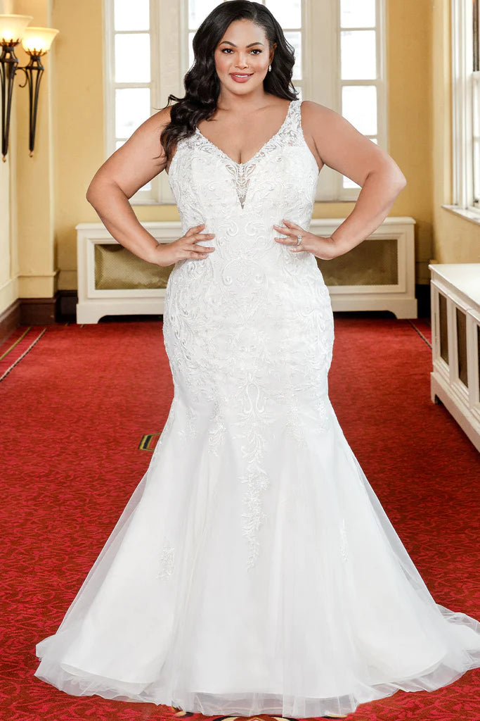 Lavish Evening Gown Michelle Bridal For Sydney's Closet MB2317 Fitted Silhouette Tulle Lace Embroidered Lace Appliques Seed Pearls Bugle Beads, Crystals Clear Sequins Satin Lining Deep V-Neck Plus Size "Netali" Bridal Gown Lavish Evening Gown Michelle Bridal For Sydney's Closet MB2317 Fitted Silhouette Tulle Lace Embroidered Lace Appliques Seed Pearls Bugle Beads, Crystals Clear Sequins Satin Lining Deep V-Neck Plus Size "Netali" Bridal Gown