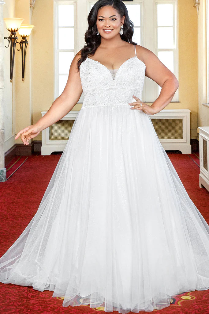 Embellished Maxi Dress Michelle Bridal For Sydney's Closet MB2318 A-Line Lace Clear Sequins Soft Bridal Tulle Glitter Tulle Lace Trim Satin Plus Size "Coralie" Bridal Gown Embellished Maxi Dress Michelle Bridal For Sydney's Closet MB2318 A-Line Lace Clear Sequins Soft Bridal Tulle Glitter Tulle Lace Trim Satin Plus Size "Coralie" Bridal Gown