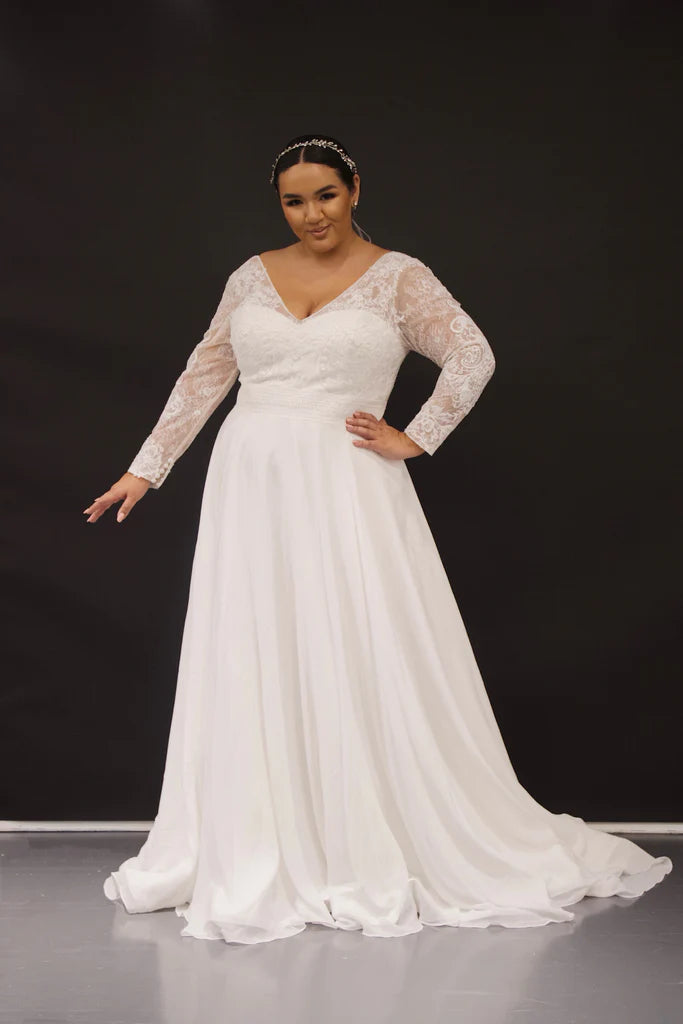 Regal Ball Gown Michelle Bridal For Sydney's Closet MB2319 A-Line Lace Chiffon Net Long Sleeves With Detachable Cuff V-Bodice Plus Size "Hedy" Bridal Gown Regal Ball Gown Michelle Bridal For Sydney's Closet MB2319 A-Line Lace Chiffon Net Long Sleeves With Detachable Cuff V-Bodice Plus Size "Hedy" Bridal Gown