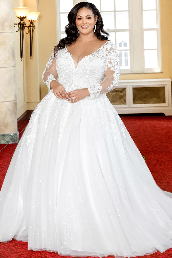 Polka Dot Gown Michelle Bridal For Sydney's Closet MB2321 A-Line Floral Lace Applique Bugle Beads Clear Sequins Seed Pearls Glitter Tulle Soft Bridal Tulle Lightweight Satin Lining Beaded Scalloped Neckline Plus Size "Valentina" Bridal Gown Polka Dot Gown Michelle Bridal For Sydney's Closet MB2321 A-Line Floral Lace Applique Bugle Beads Clear Sequins Seed Pearls Glitter Tulle Soft Bridal Tulle Lightweight Satin Lining Beaded Scalloped Neckline Plus Size "Valentina" Bridal Gown