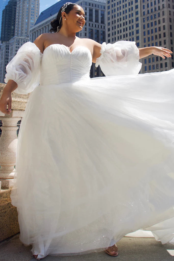 Ruched Gown Michelle Bridal For Sydney's Closet MB2324 Ball Gown Silhouette Glitter Tulle Pleated Sweetheart Bodice Sleeveless Strapless Optional Pouf Sleeves Plus Size "Georgina" Bridal Gown Ruched Gown Michelle Bridal For Sydney's Closet MB2324 Ball Gown Silhouette Glitter Tulle Pleated Sweetheart Bodice Sleeveless Strapless Optional Pouf Sleeves Plus Size "Georgina" Bridal Gown