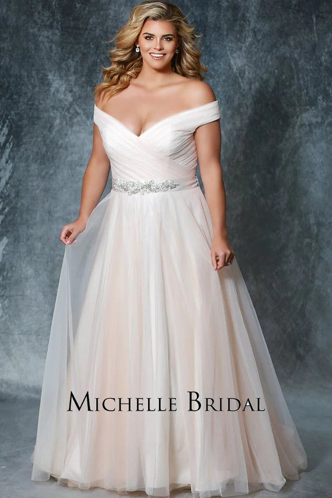 Draped Gown Michelle Bride For Sydney's Closet MB1812 A-Line V-Neck Lace Up Back Off The Shoulder Straps Pleated Plus Size "Gwenyth" Bridal Gown Draped Gown Michelle Bride For Sydney's Closet MB1812 A-Line V-Neck Lace Up Back Off The Shoulder Straps Pleated Plus Size "Gwenyth" Bridal Gown