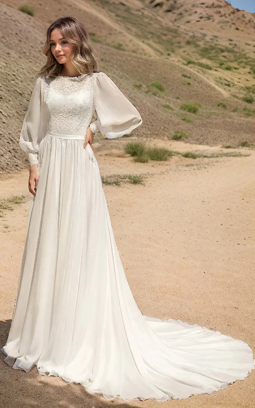 Off-White Gown Modest Boho Beach Forest A-Line Lace Wedding Dress with Sleeves Floral Minimalist Boat Neck Chiffon Bridal Gown Off-White Gown Modest Boho Beach Forest A-Line Lace Wedding Dress with Sleeves Floral Minimalist Boat Neck Chiffon Bridal Gown