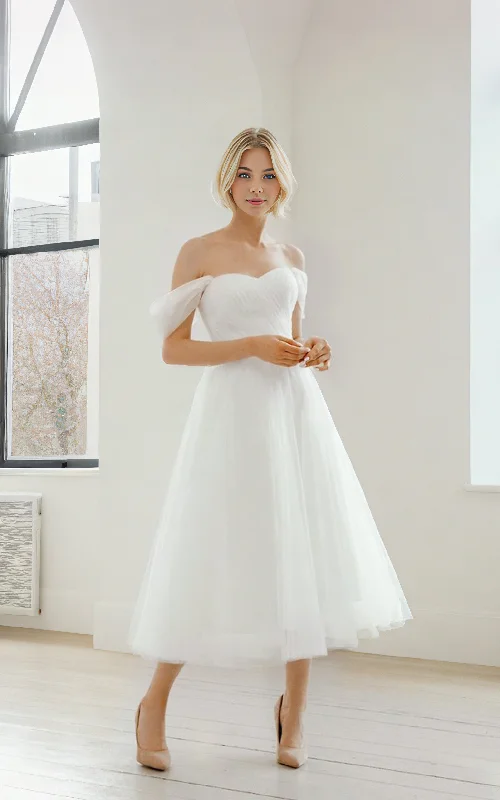 Subtle Shine Dress Modest Elegant Sweetheart Off-the-Shoulder Tulle Wedding Dress Vintage Tea Length Corset Back Petite Bridal Gown Subtle Shine Dress Modest Elegant Sweetheart Off-the-Shoulder Tulle Wedding Dress Vintage Tea Length Corset Back Petite Bridal Gown