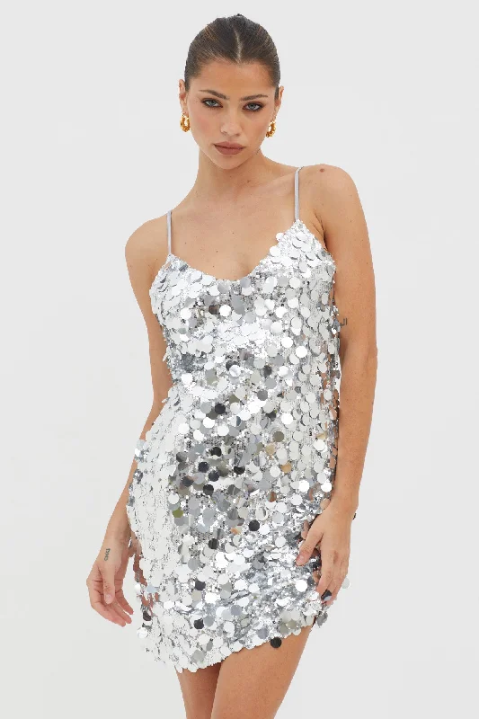 Pearl Embellished Gown Moon Dust Sequin Mini Dress Silver