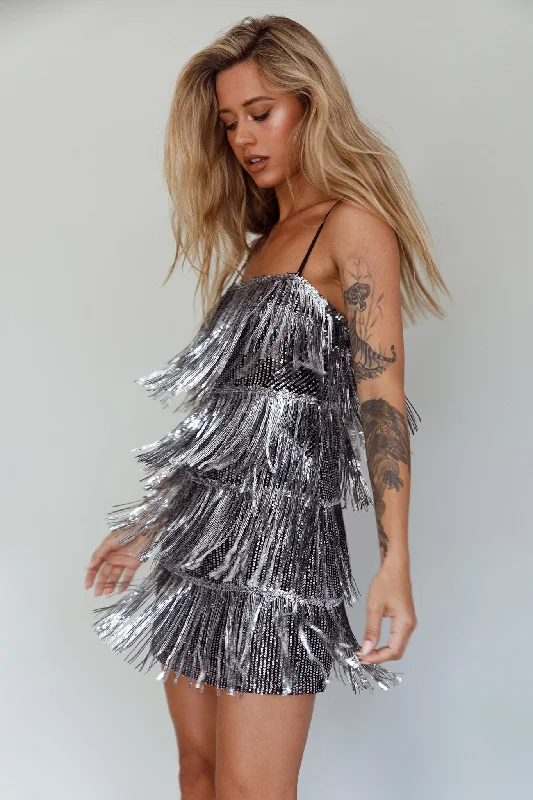 Knee-Length Dress New York Nights Sequin Fringe Mini Dress Black