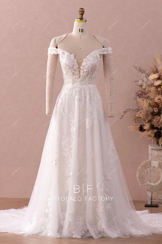 Simple Formal Dress Shimmery Off Shoulder Deep V-neck Spring Fall Lace Bridal Gown Simple Formal Dress Shimmery Off Shoulder Deep V-neck Spring Fall Lace Bridal Gown