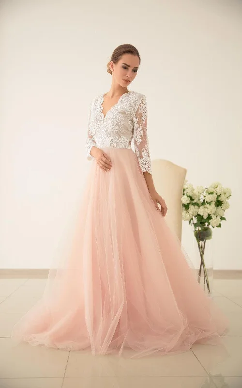 Regal Ball Gown Peach Floral Bohemian Lace A-Line Wedding Dress Vintage Romantic Tulle Scalloped V-Neck Illusion Sleeves Pink Bridal Gown Regal Ball Gown Peach Floral Bohemian Lace A-Line Wedding Dress Vintage Romantic Tulle Scalloped V-Neck Illusion Sleeves Pink Bridal Gown